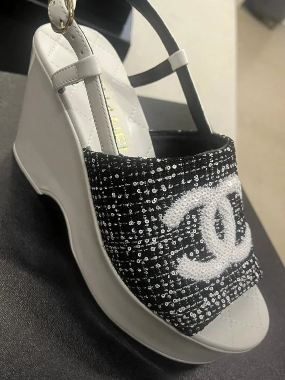 Chanel Tweed Logo Strap Wedge Heel Sandals,